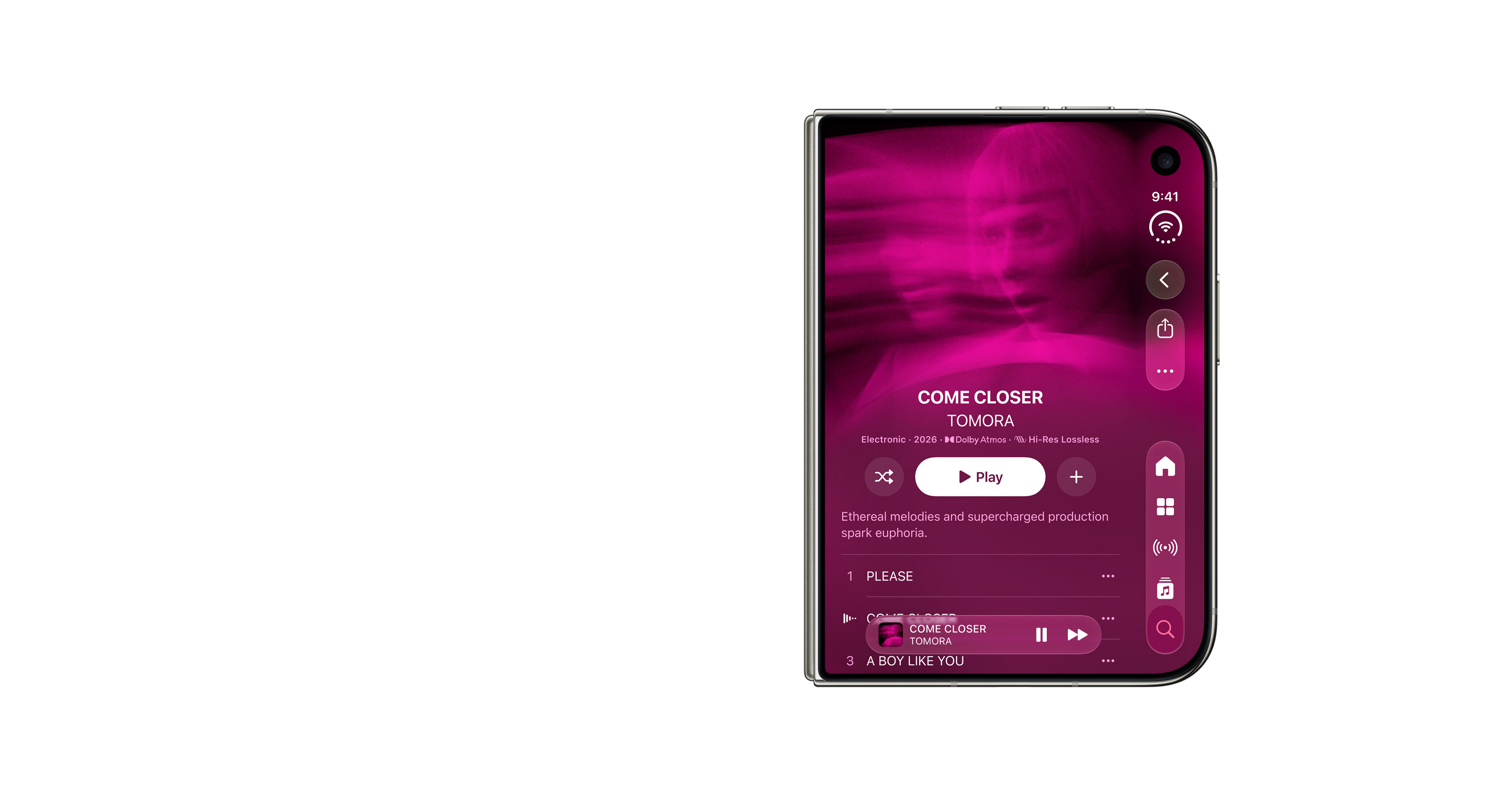 iPhone Duo chiuso, display esterno con app Musica